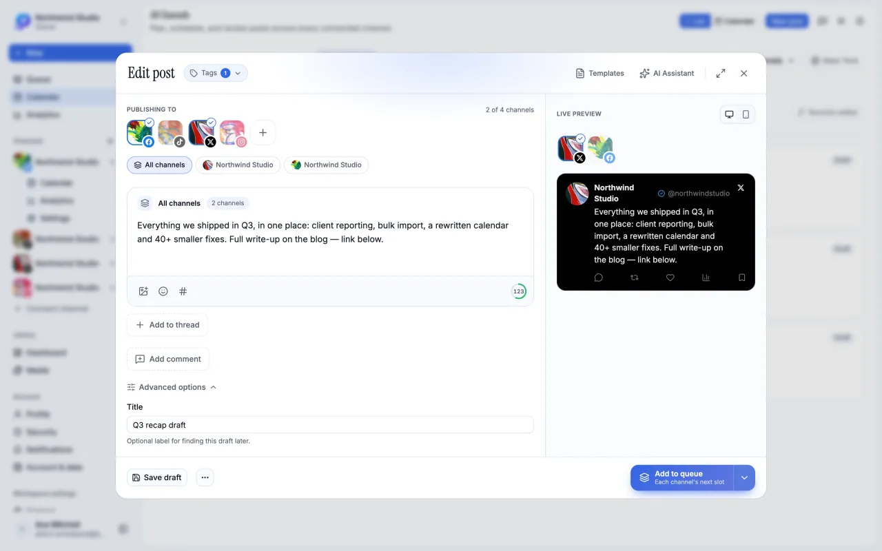 The PostDaily composer with three channels selected and a live preview of the post beside the editor.