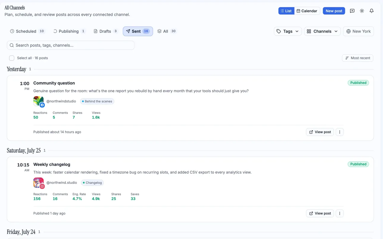 The PostDaily publish list showing sent posts with their per-network engagement metrics.