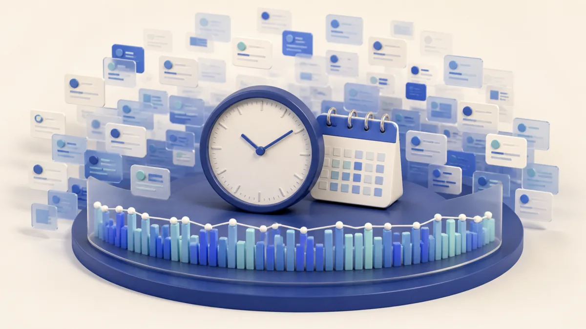 A clock and calendar surrounded by many post cards and a nearly level chart
