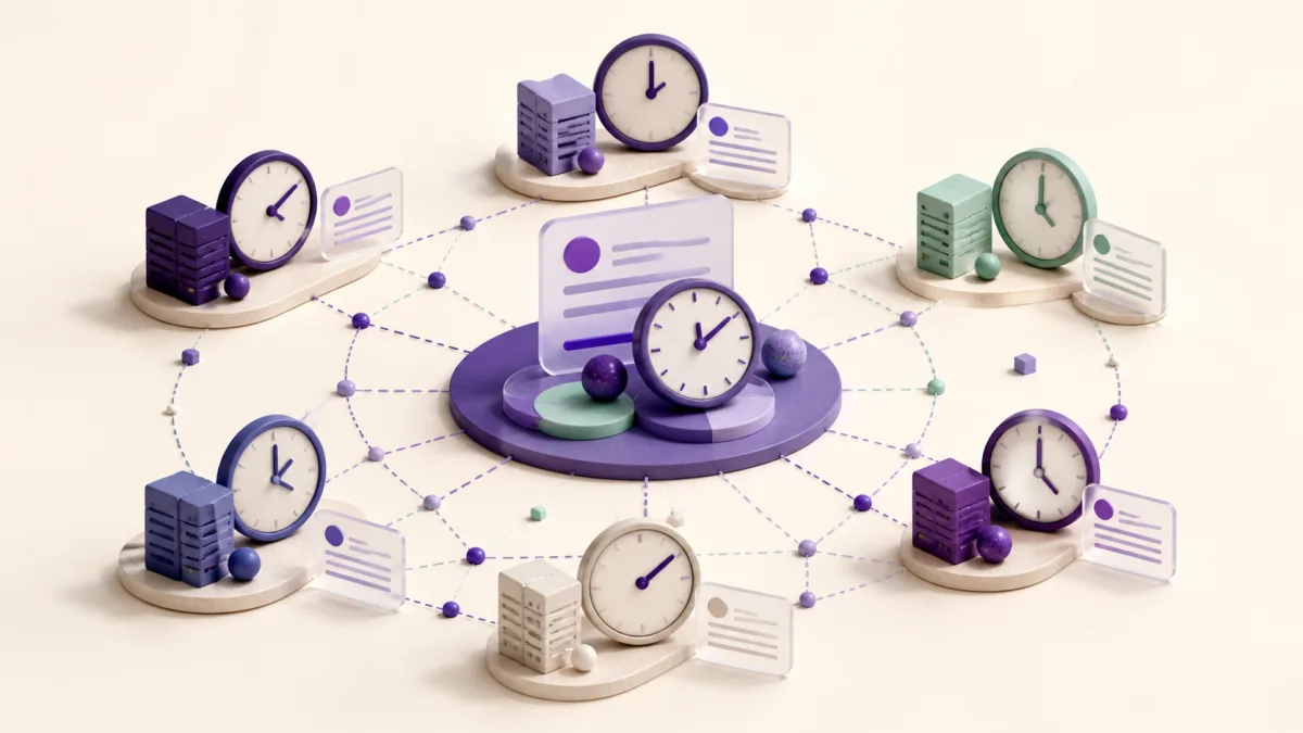 Independent community servers and message cards arranged around clocks showing different times