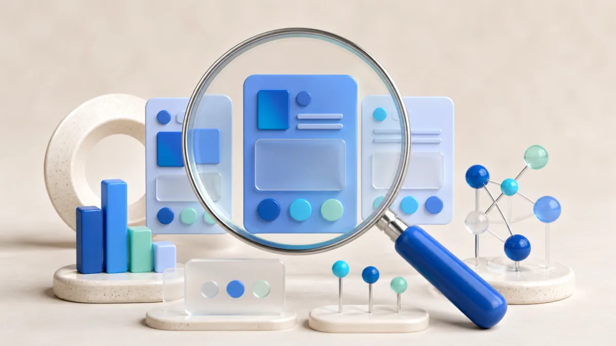 A magnifying glass examining post cards and simple performance charts
