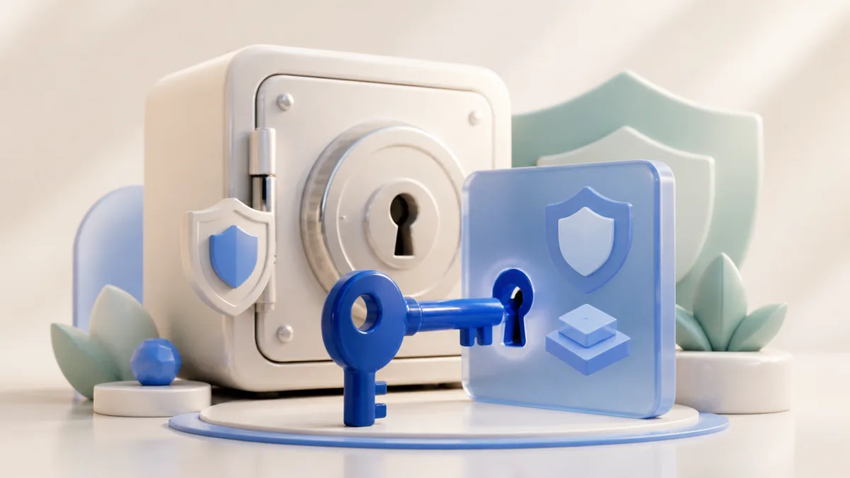 A small blue key unlocking one app card beside a protected vault