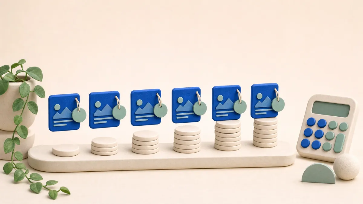 A row of post tiles on a shelf, each with a price tag and a stack of coins that grows from left to right, beside a calculator