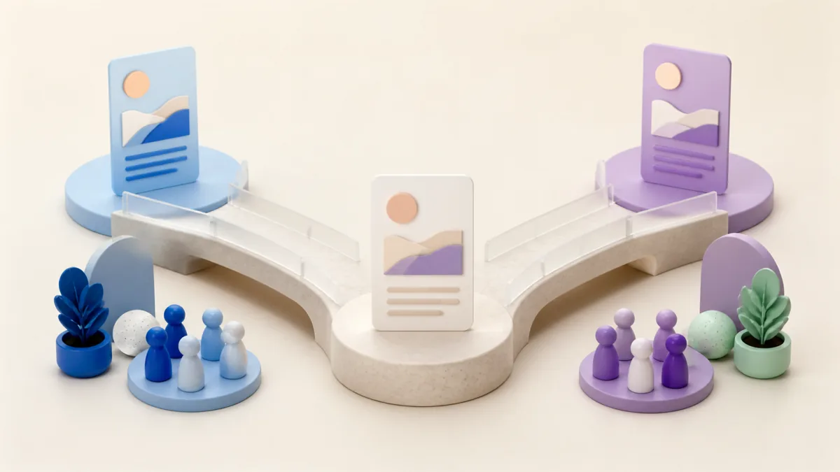 One post branching across two bridges to blue and violet communities