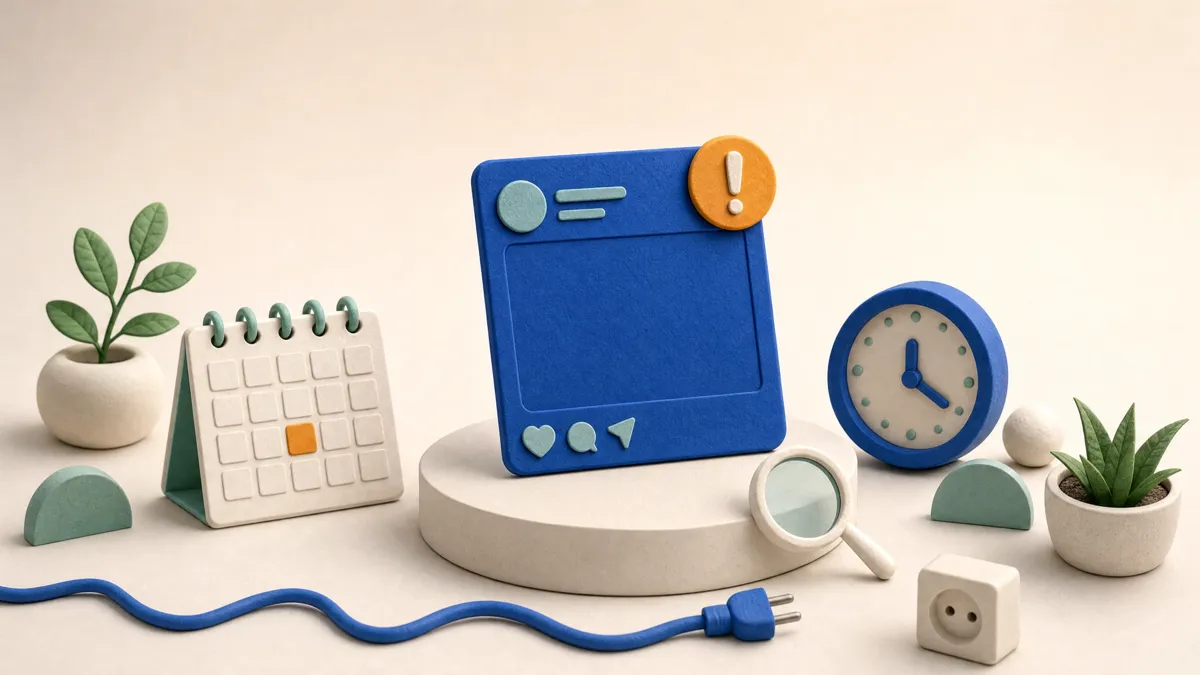 A post card with an orange warning badge on a pedestal, beside a calendar, a clock, a magnifying glass and an unplugged cable