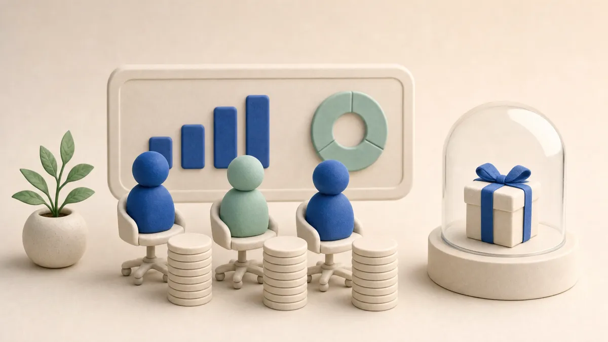 Three figures on office chairs, each with a stack of coins, in front of a chart board, beside a gift box under a glass dome