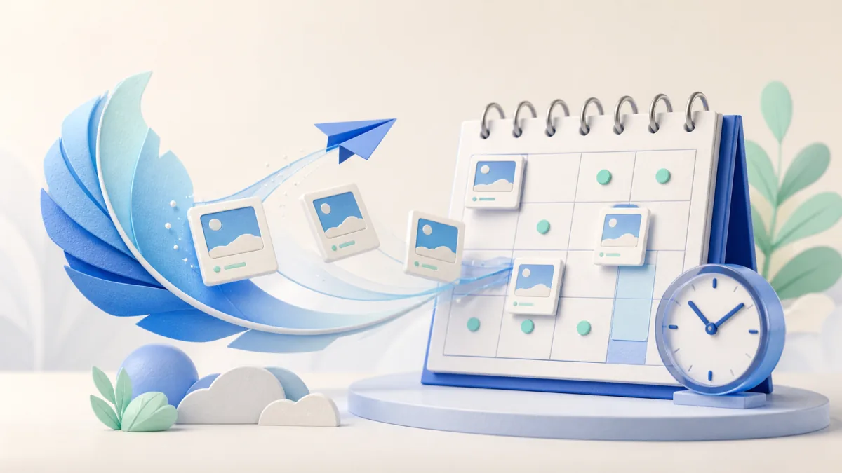 Blue post cards flowing from an abstract feather into a calendar and clock