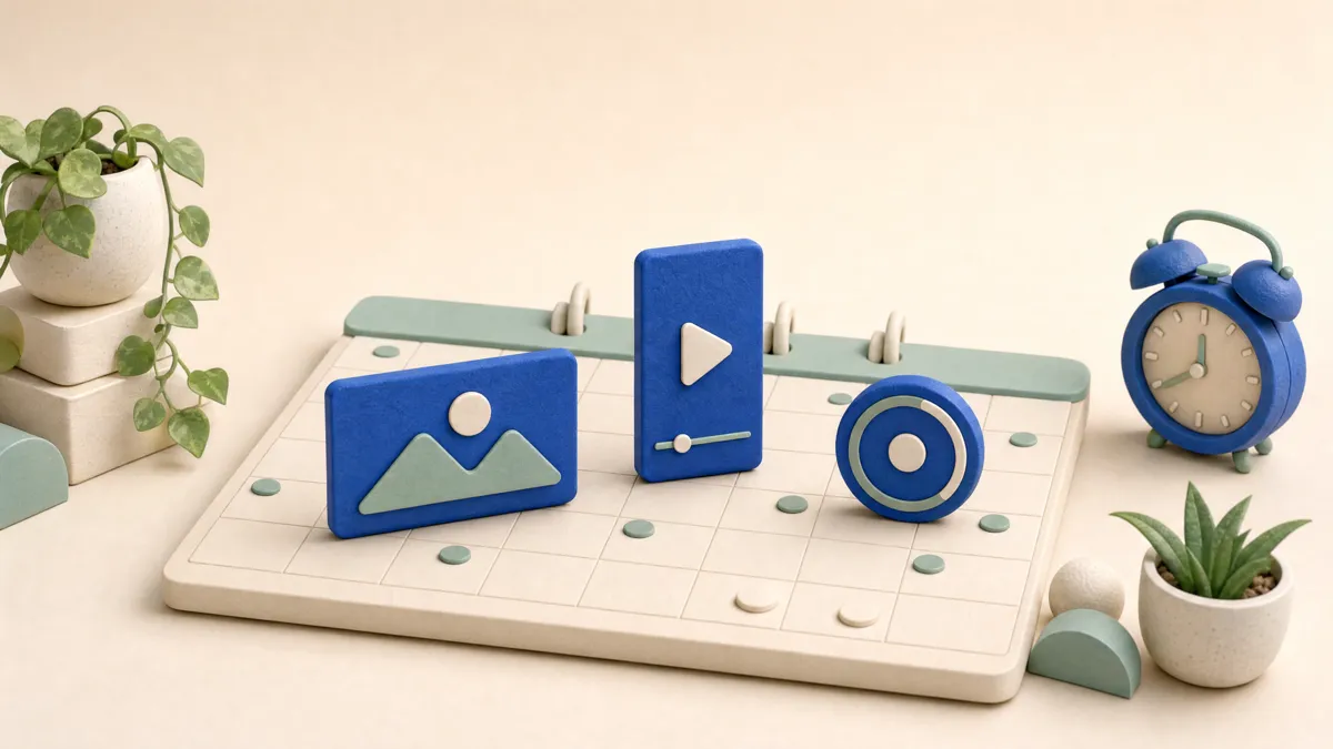 A photo post, a vertical video and a round Story badge standing on a calendar board, with an alarm clock beside it