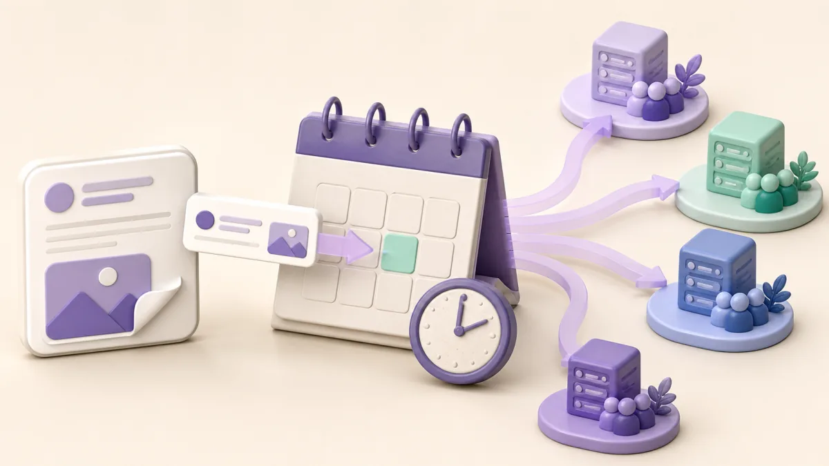 A post card moving through a calendar to several independent community servers