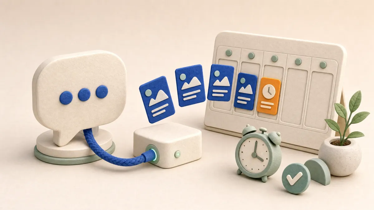 A felt chat bubble with typing dots, plugged by a braided blue cable into a small hub, sending post cards into a weekly calendar board beside an alarm clock