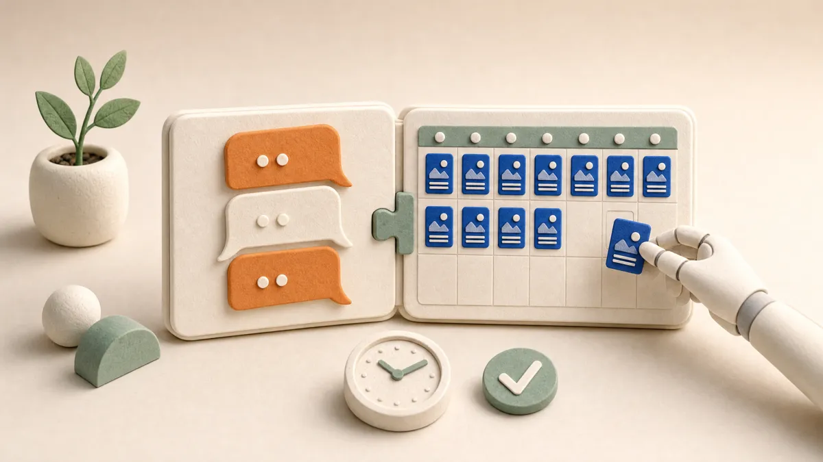 An open felt notebook with chat bubbles on one page and a weekly calendar of post cards on the other, joined by a green connector, as a robot hand places one more card