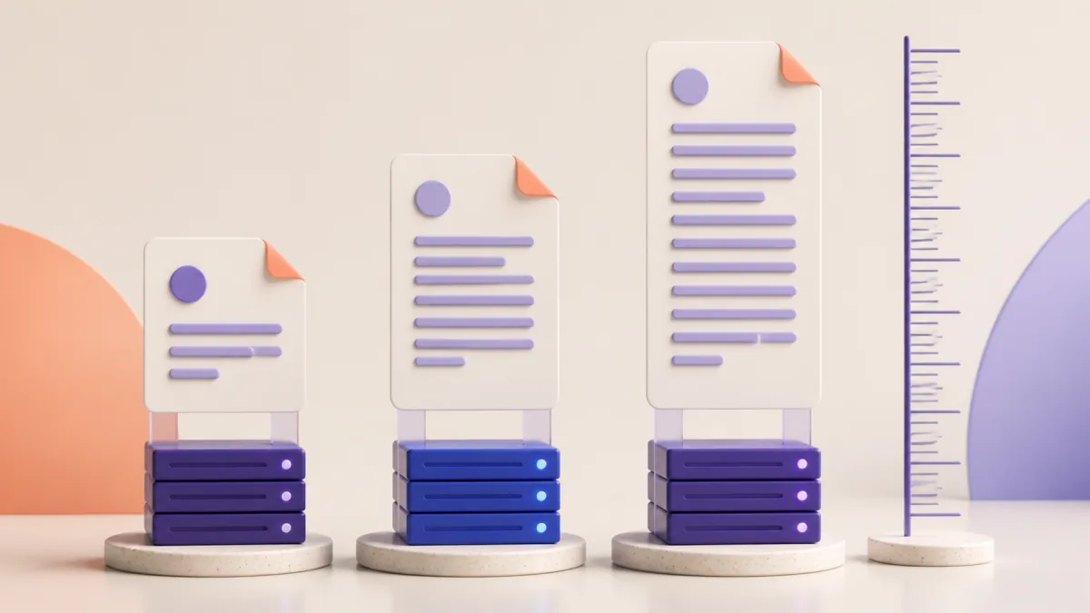 Three server stacks holding message cards of different lengths beside a ruler
