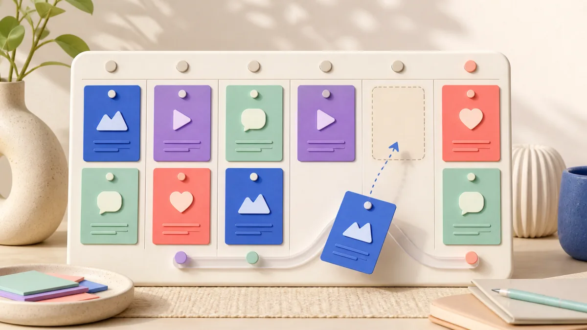 A weekly content calendar with movable post cards and an open slot