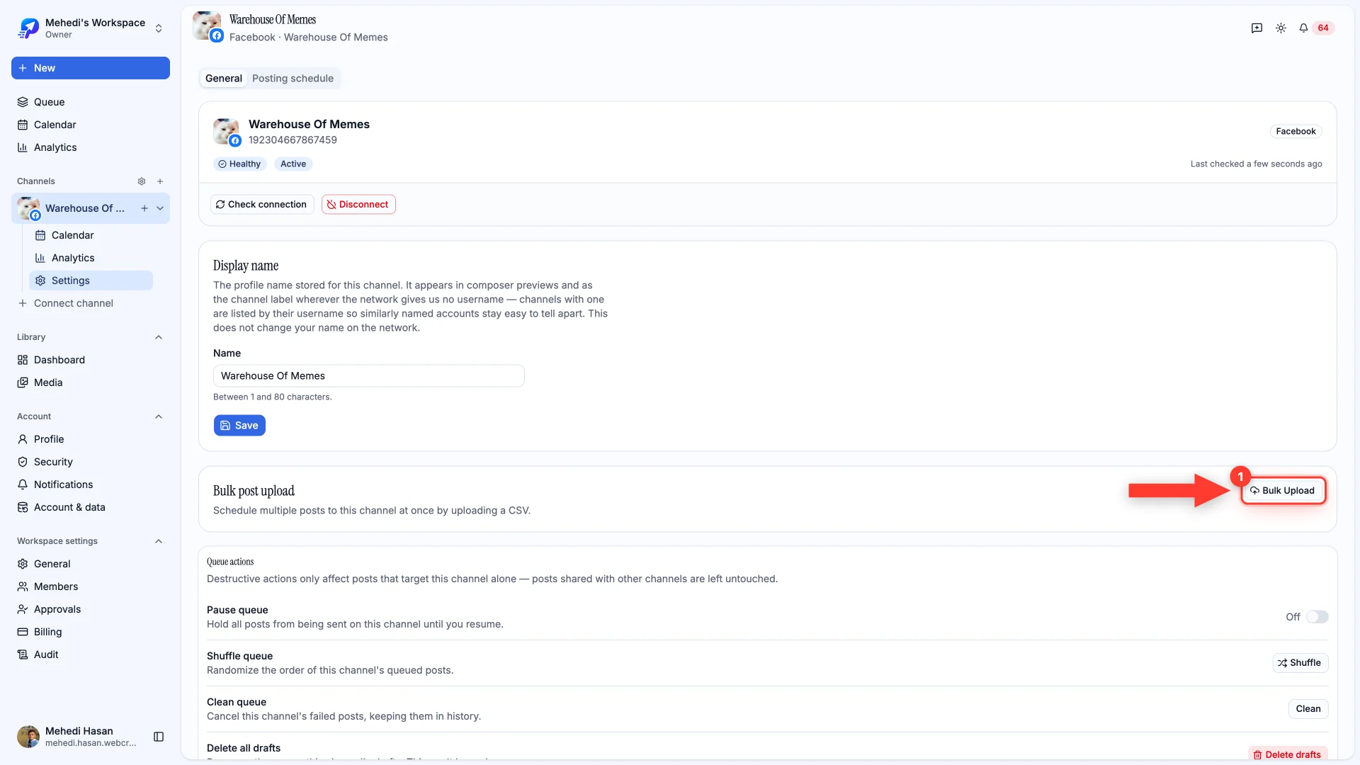 The channel settings page with the Bulk Upload button highlighted.