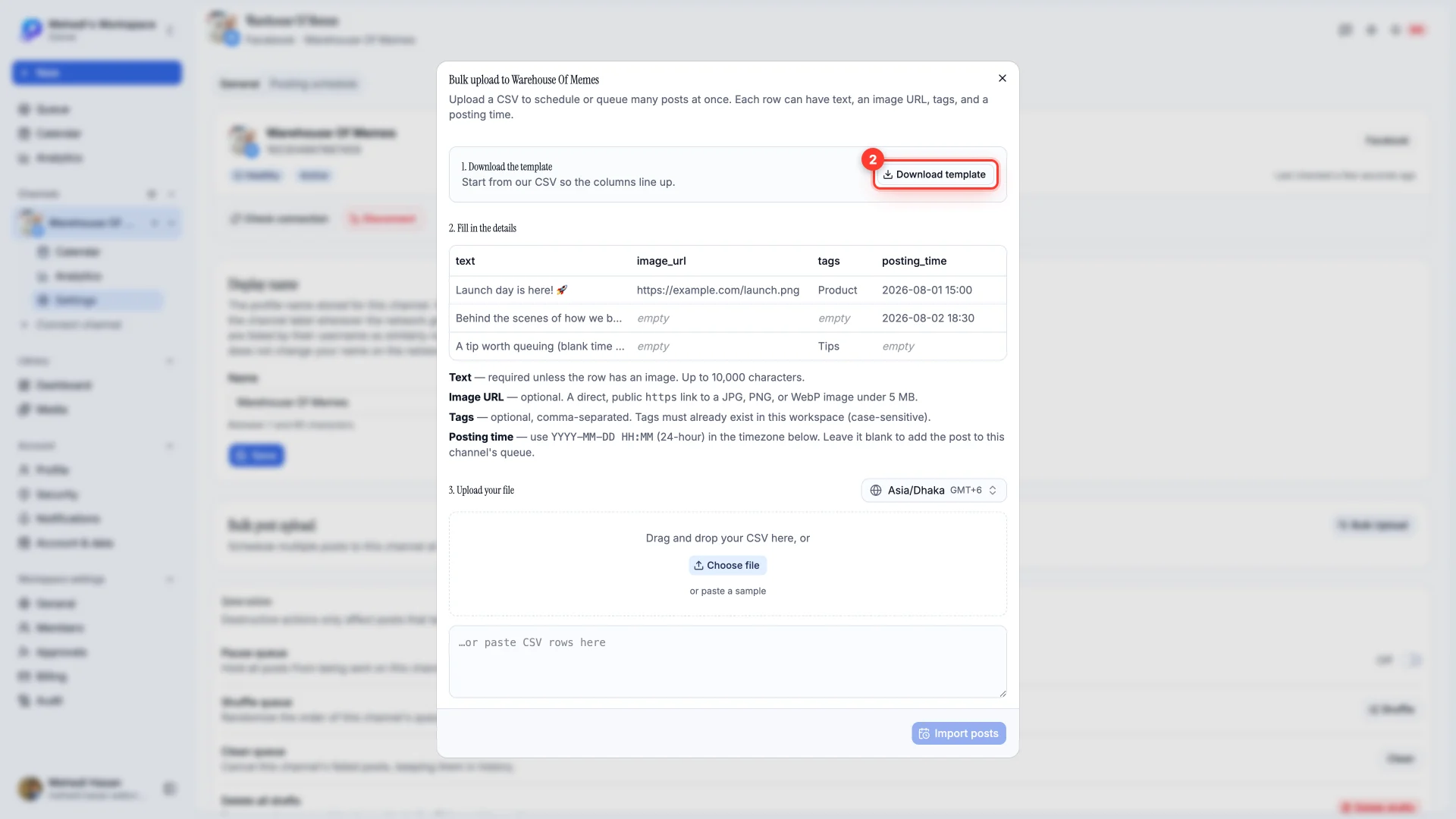 The bulk upload dialog with the Download template button highlighted.
