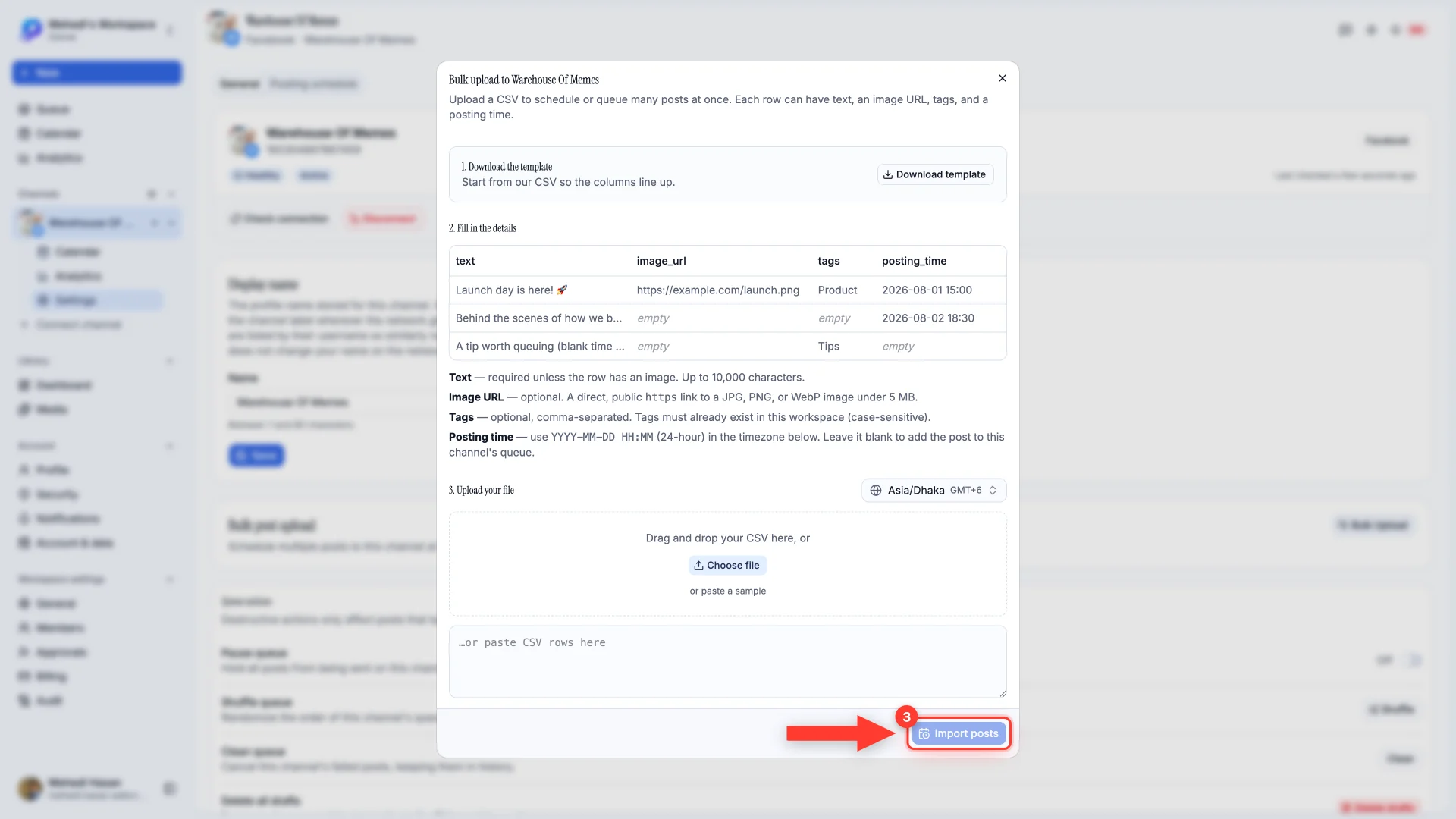 The bulk upload dialog with the Import posts button highlighted.