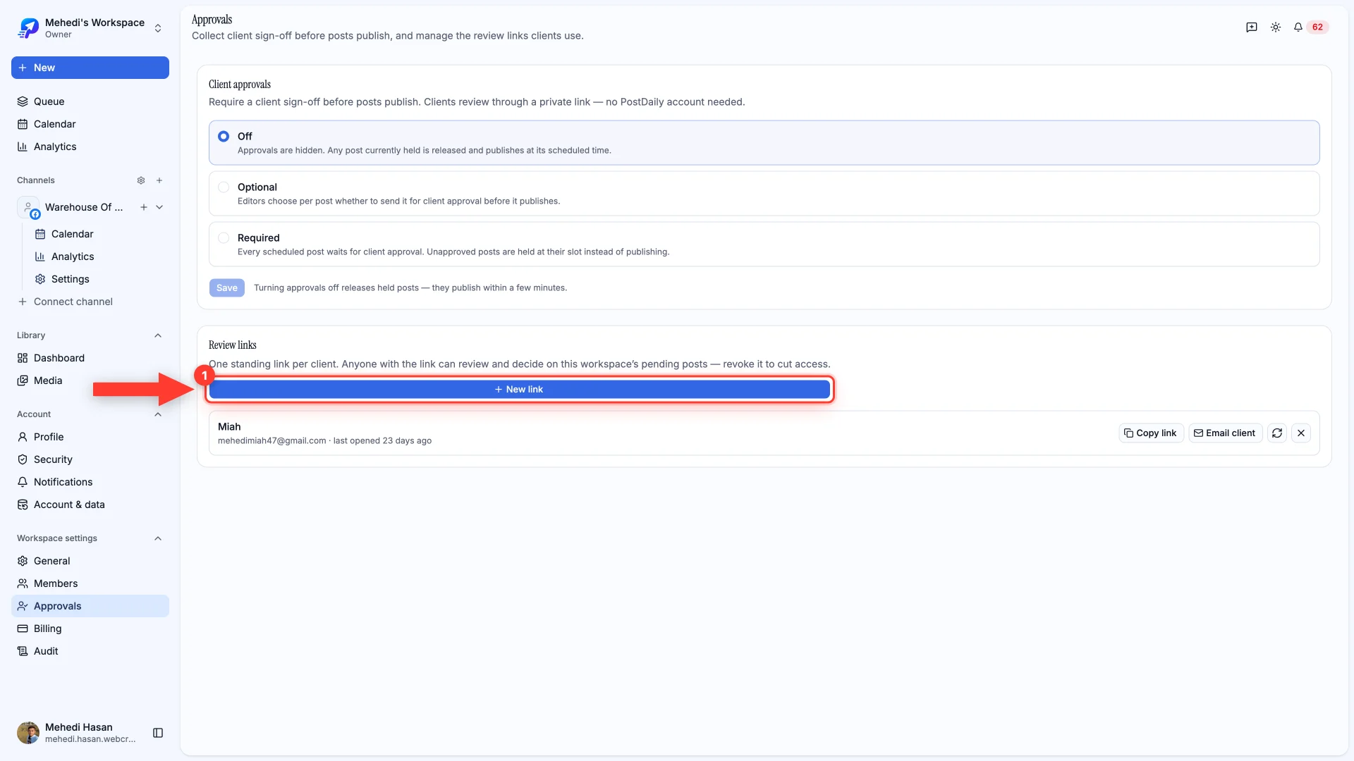 The Approvals settings page with the New link button highlighted.