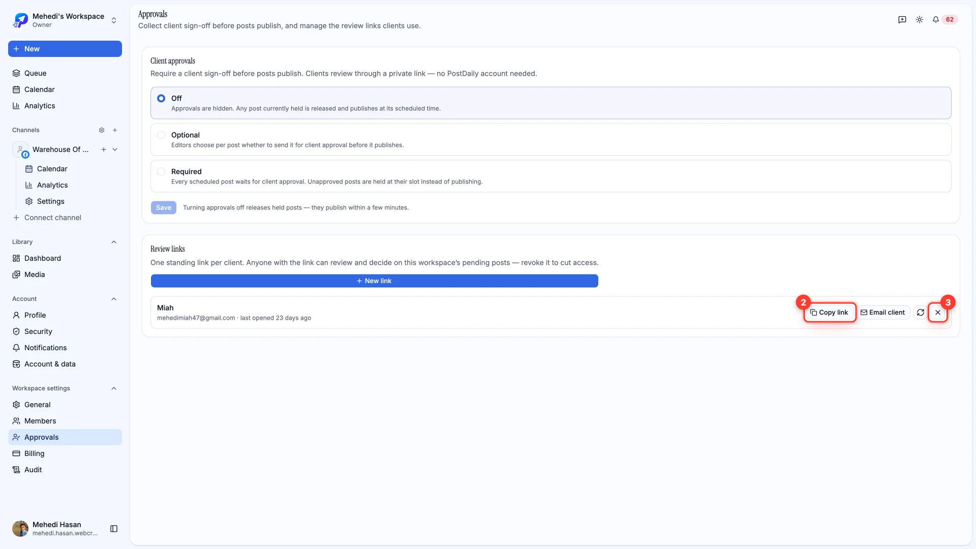 An approval link with the Copy link and Revoke link actions highlighted.