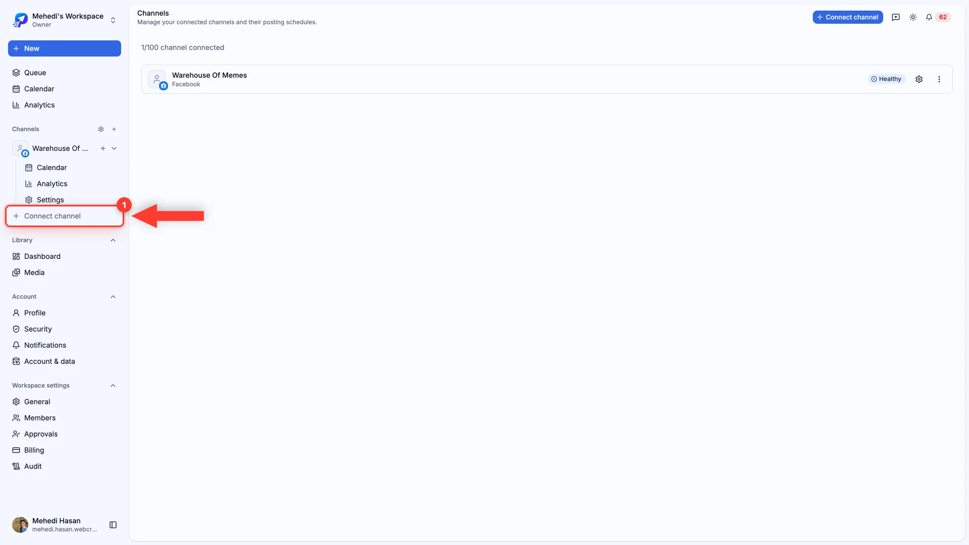 The PostDaily sidebar with the Connect channel link highlighted.