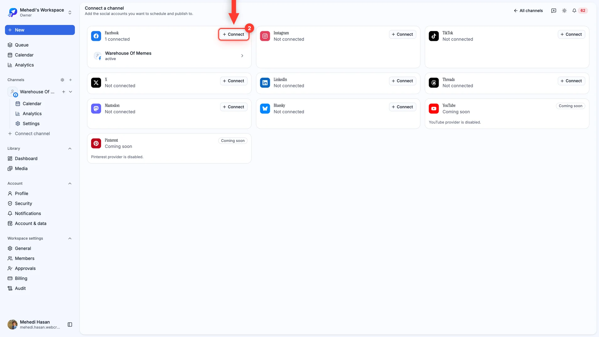 The connect page showing provider cards, with the Connect button on the Facebook card highlighted.