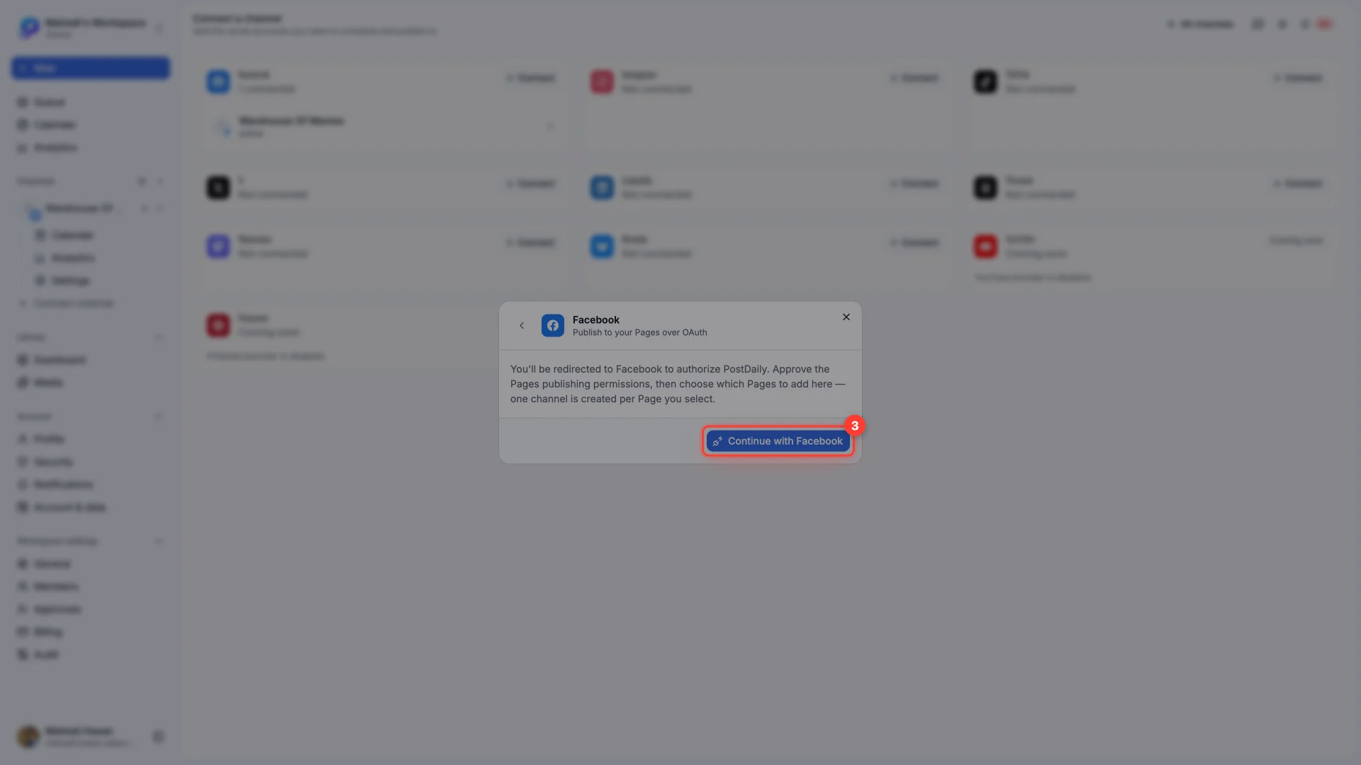 The Facebook connect dialog with the Continue with Facebook button highlighted.