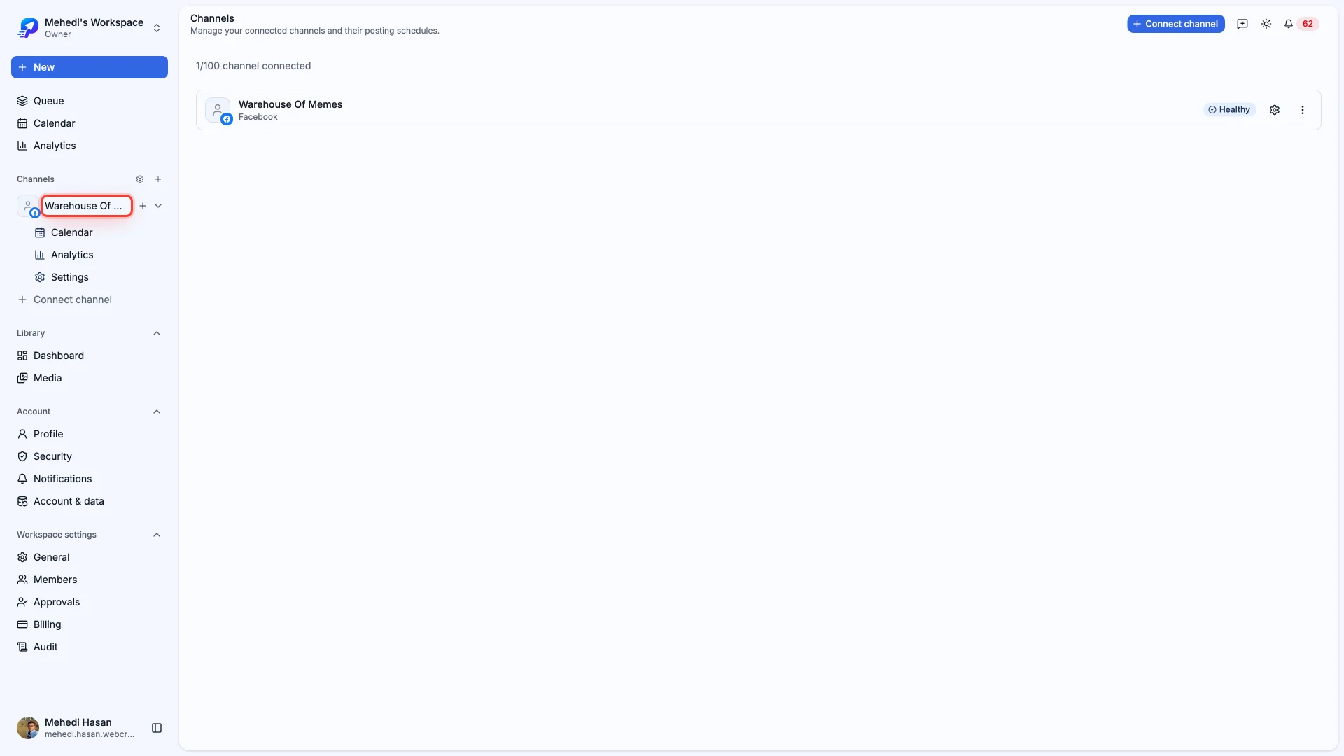 The connect page showing the Facebook card with a connected Page listed as active.