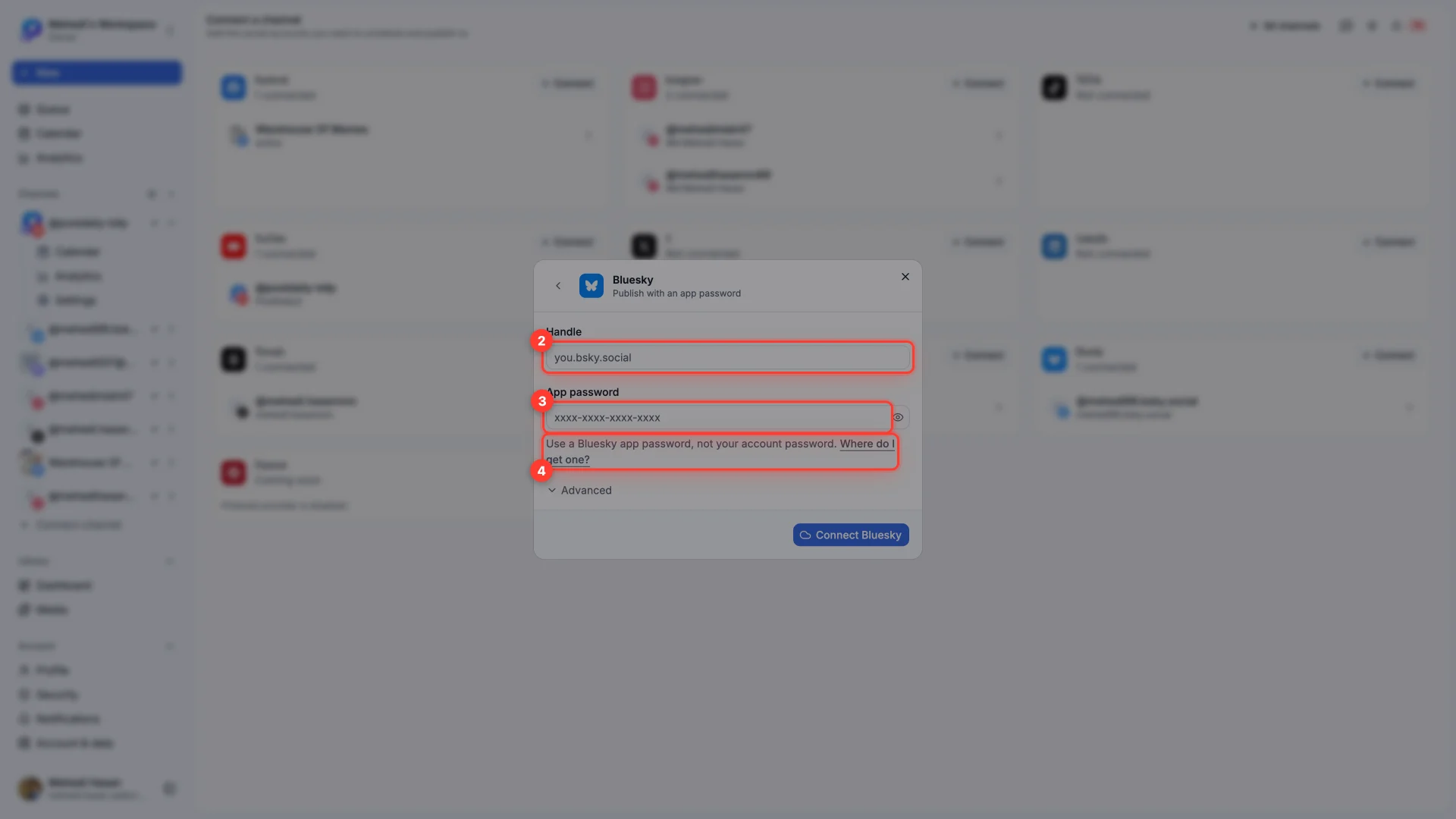 The Bluesky connect dialog with the Handle field, App password field and the Where do I get one link highlighted.