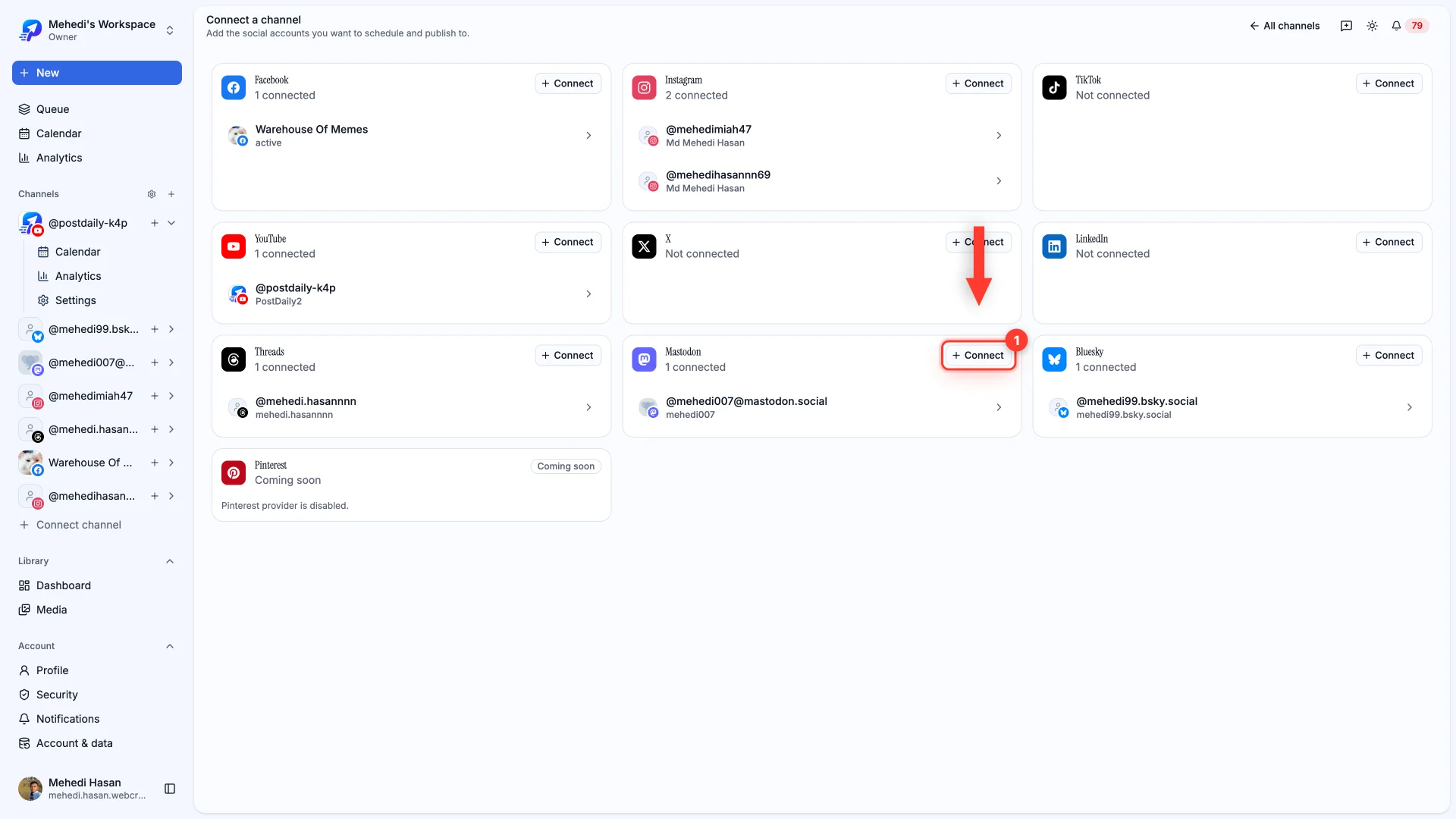 The connect page with the Connect button on the Mastodon card highlighted.
