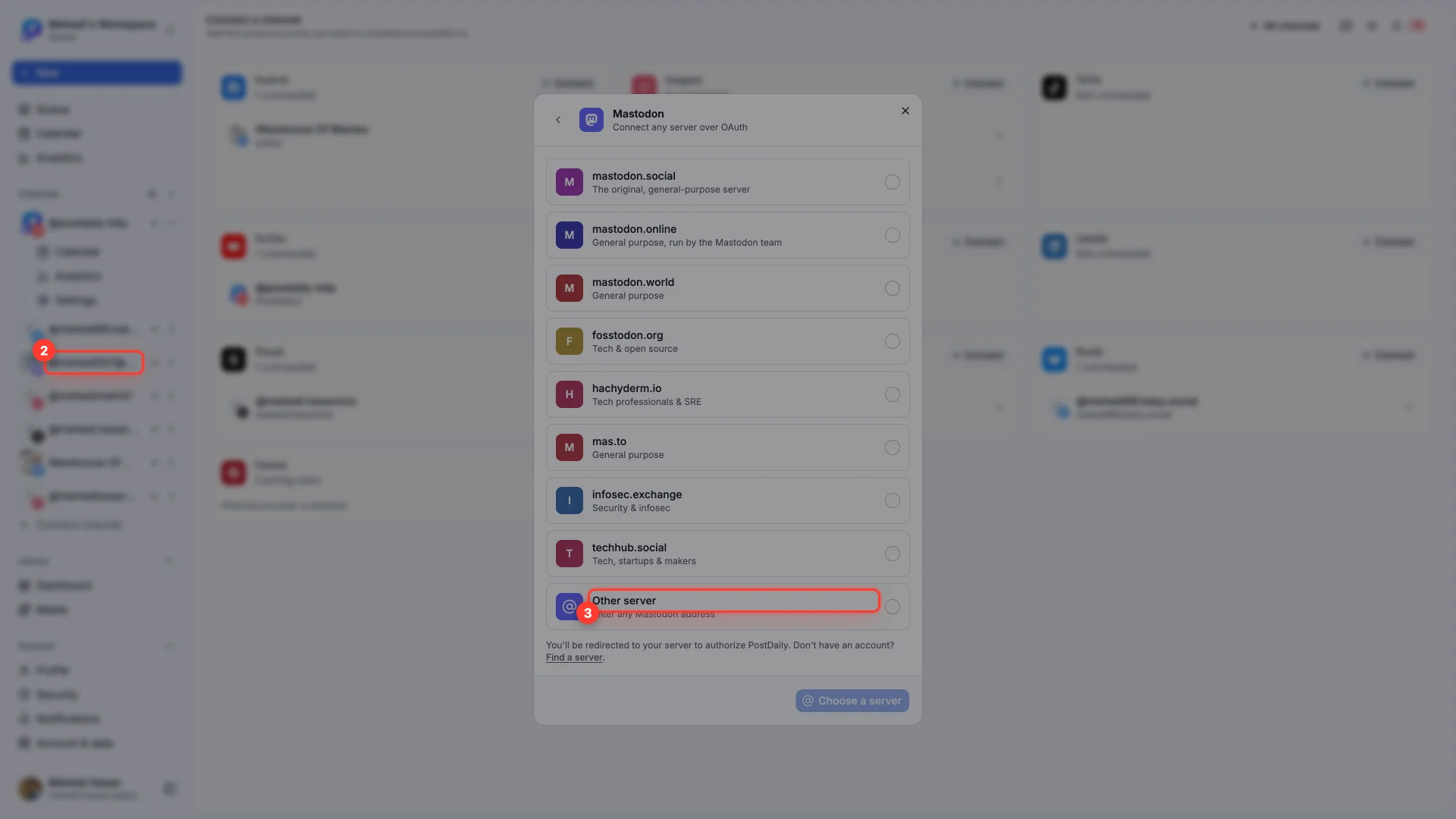 The Mastodon connect dialog listing popular servers, with mastodon.social and Other server highlighted.