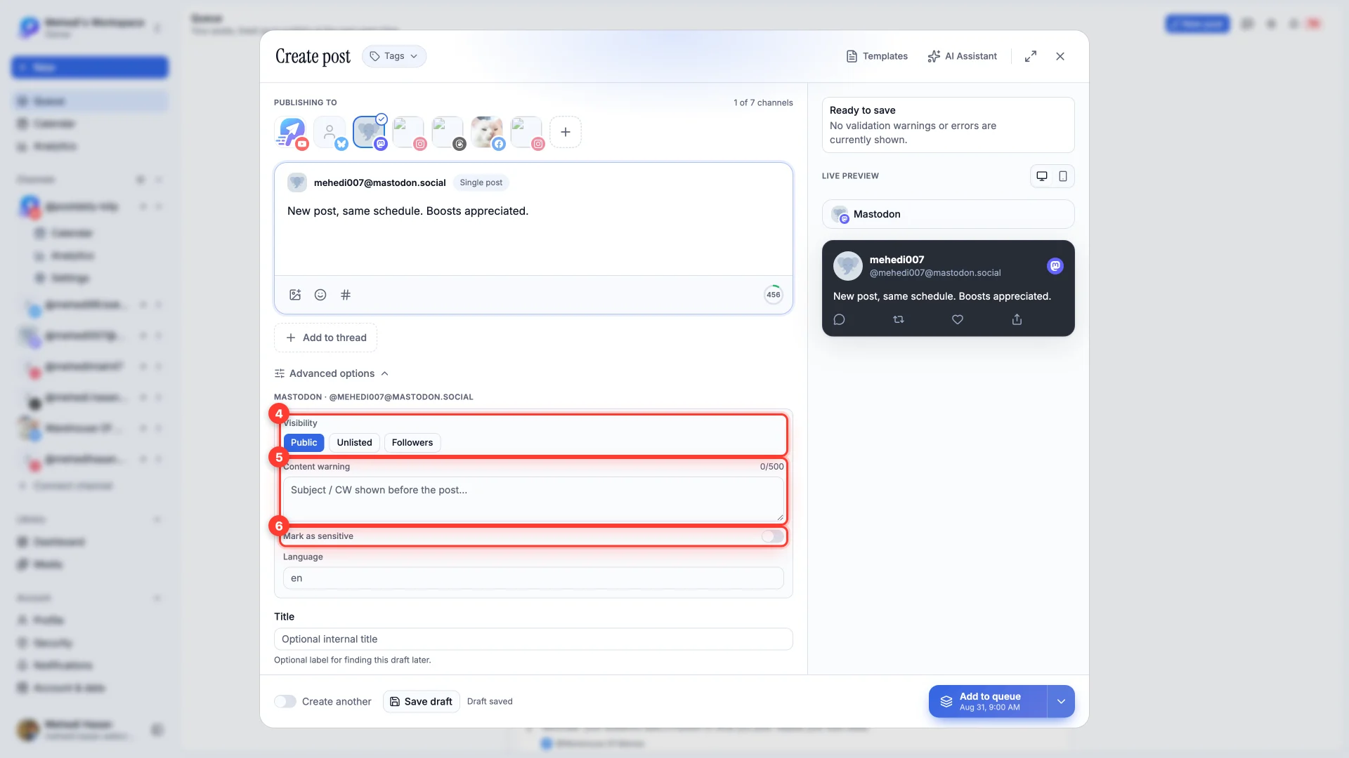 The composer's Advanced options for Mastodon, showing Visibility, Content warning and Mark as sensitive.