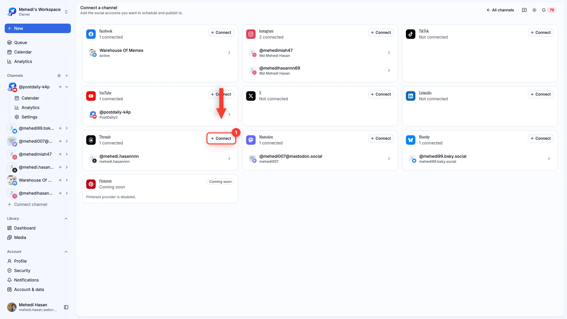 The connect page with the Connect button on the Threads card highlighted.