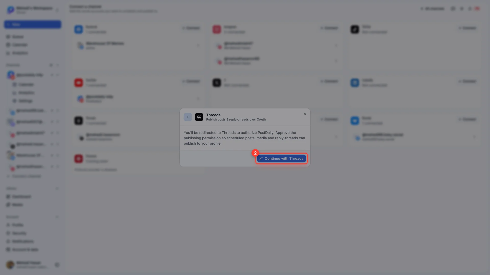 The Threads connect dialog with the Continue with Threads button highlighted.