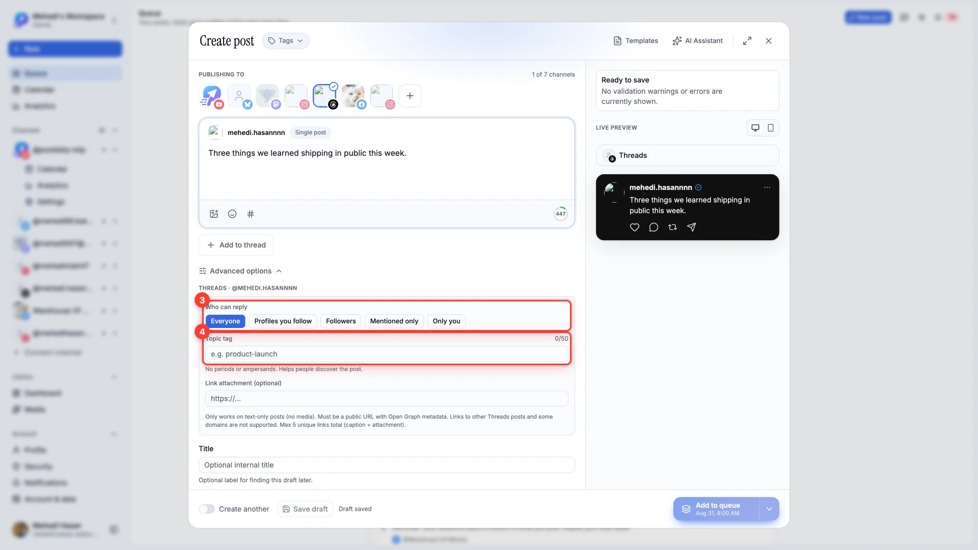 The composer's Advanced options showing the Who can reply choices and the Topic tag field.