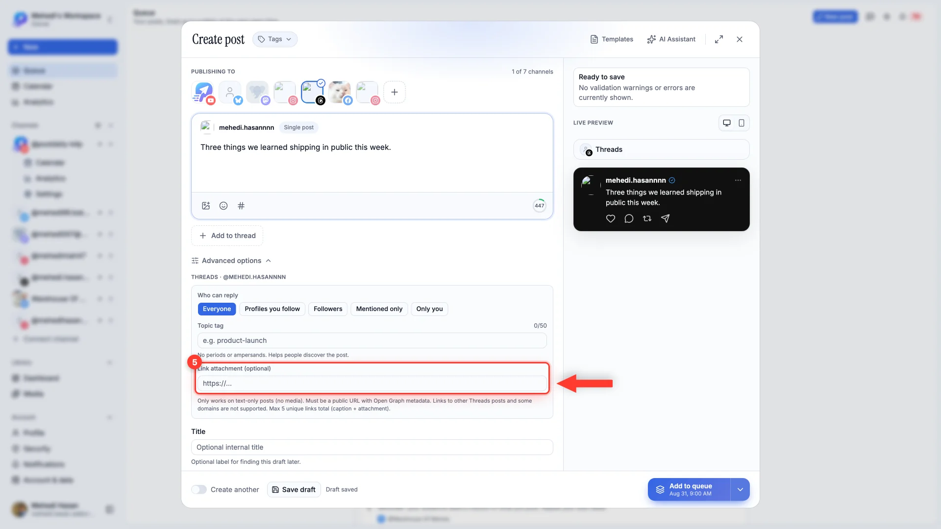 The Link attachment field in the composer's Advanced options.