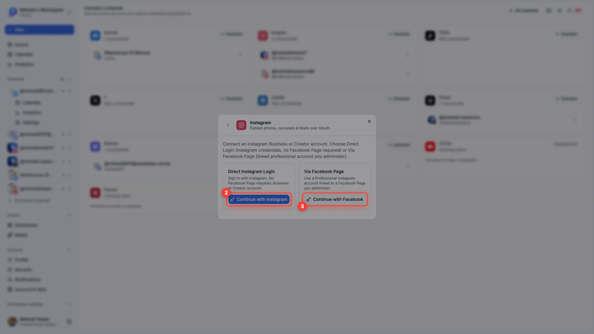The Instagram connect dialog showing Direct Instagram Login and Via Facebook Page.