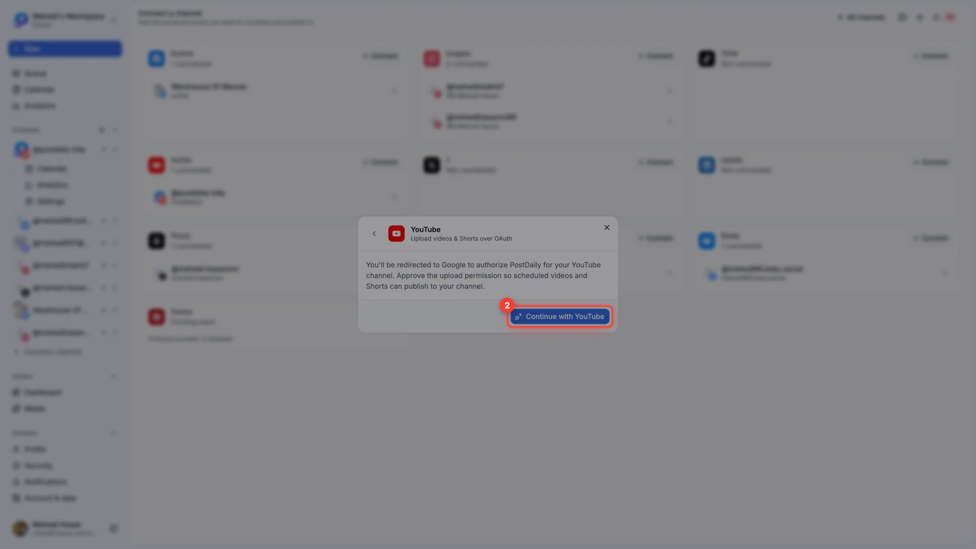 The YouTube connect dialog with the Continue with YouTube button highlighted.