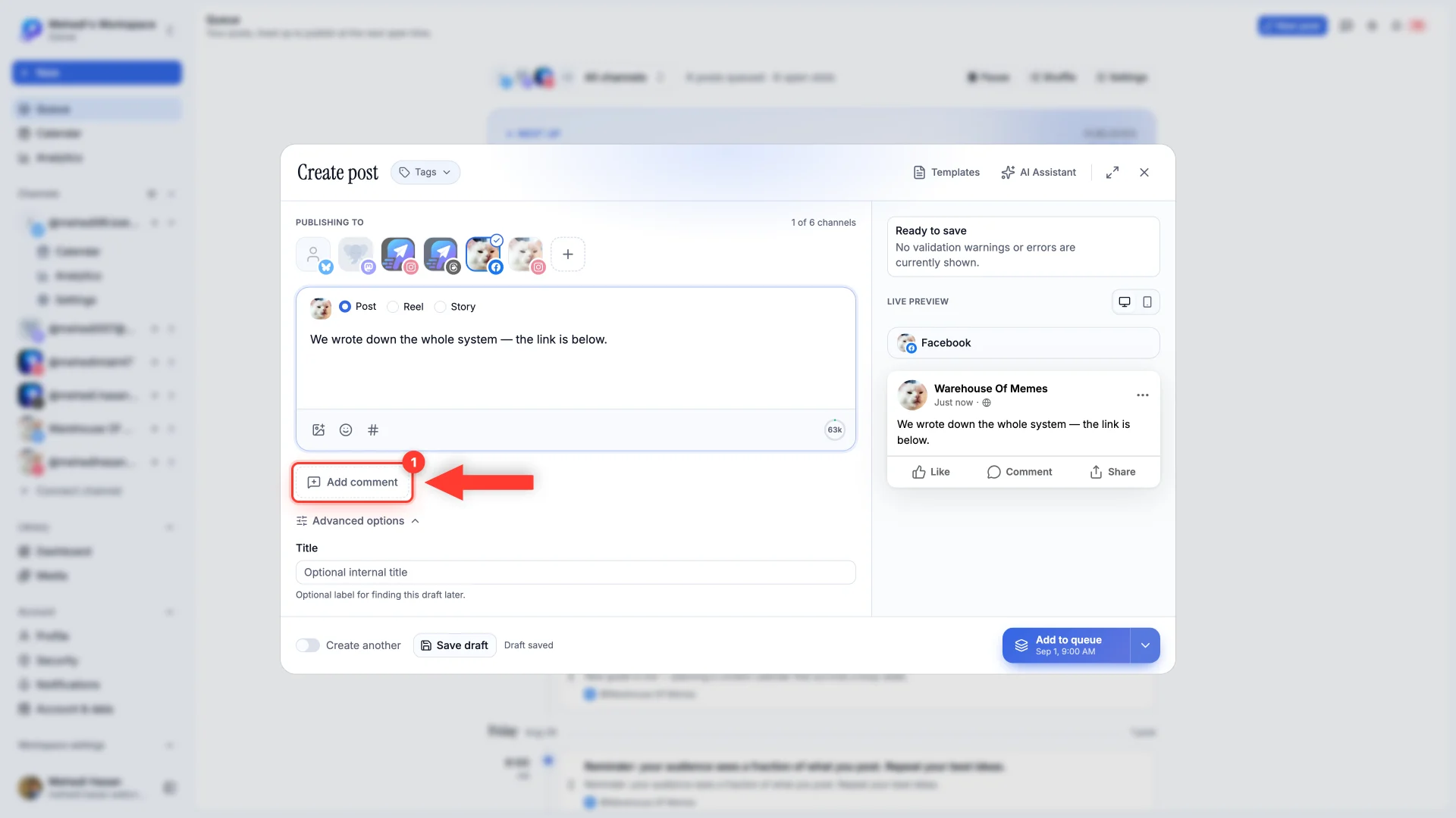 The PostDaily composer with the Add comment button highlighted below the post editor.