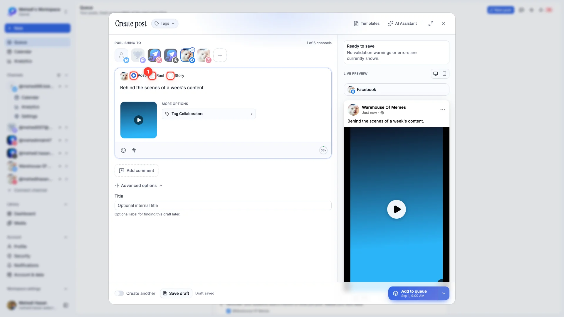 The composer with a video attached, showing the Post, Reel and Story format options.