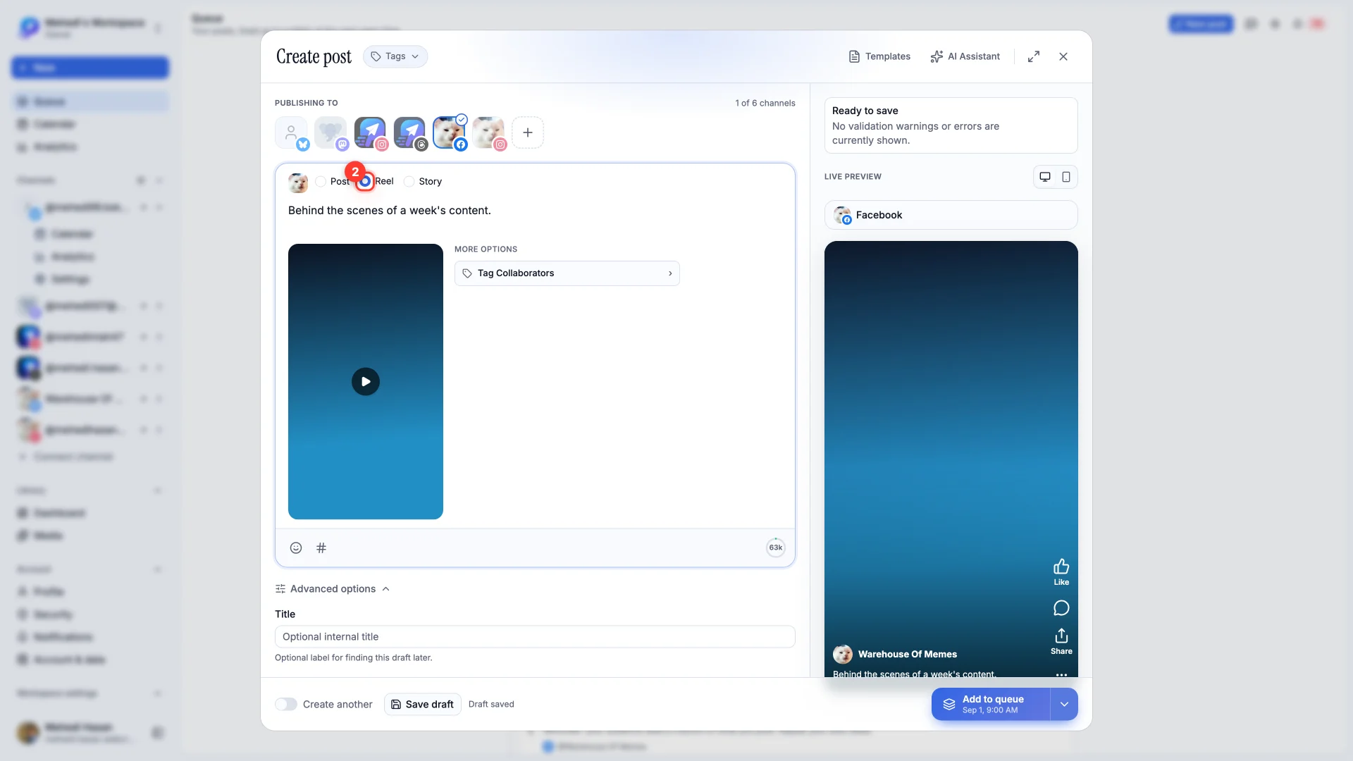 The composer with Reel selected, showing a vertical video preview and Tag Collaborators option.