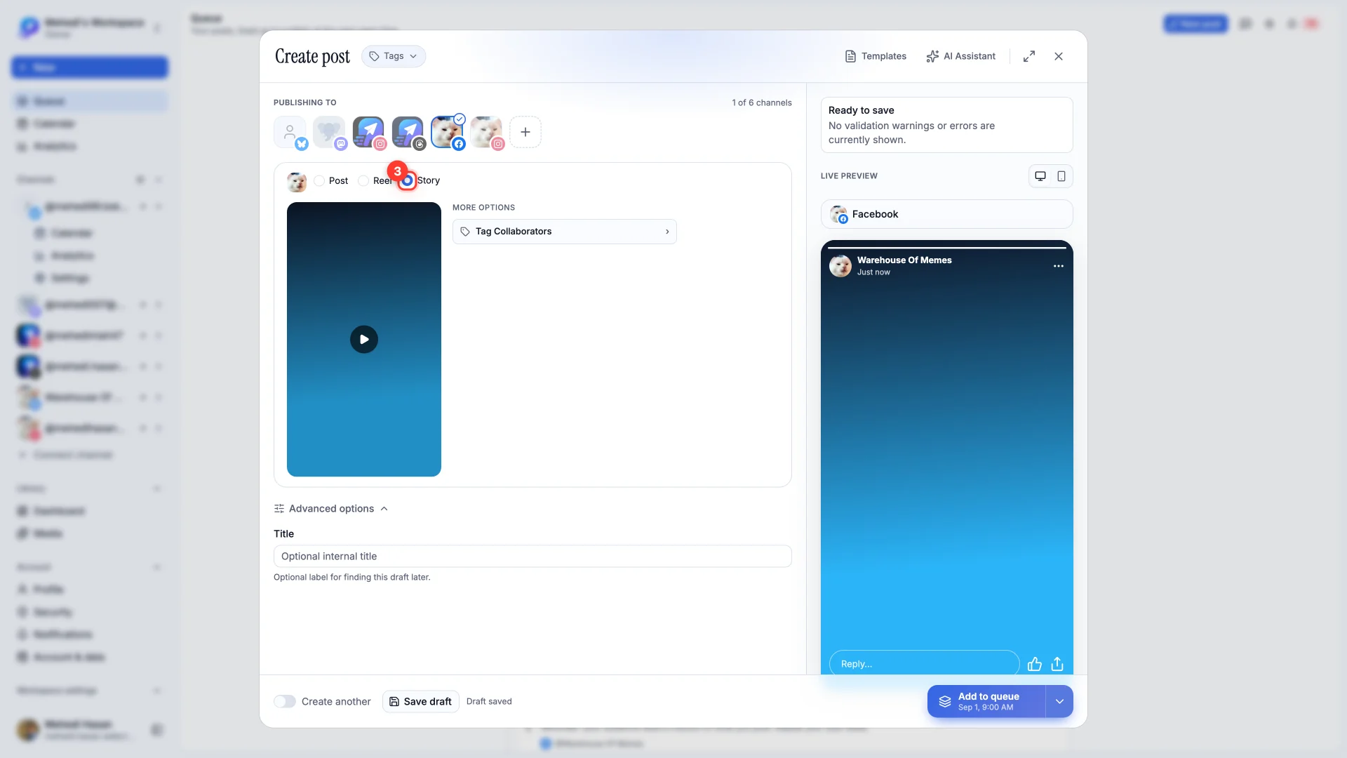 The composer with Story selected and a vertical video attached.