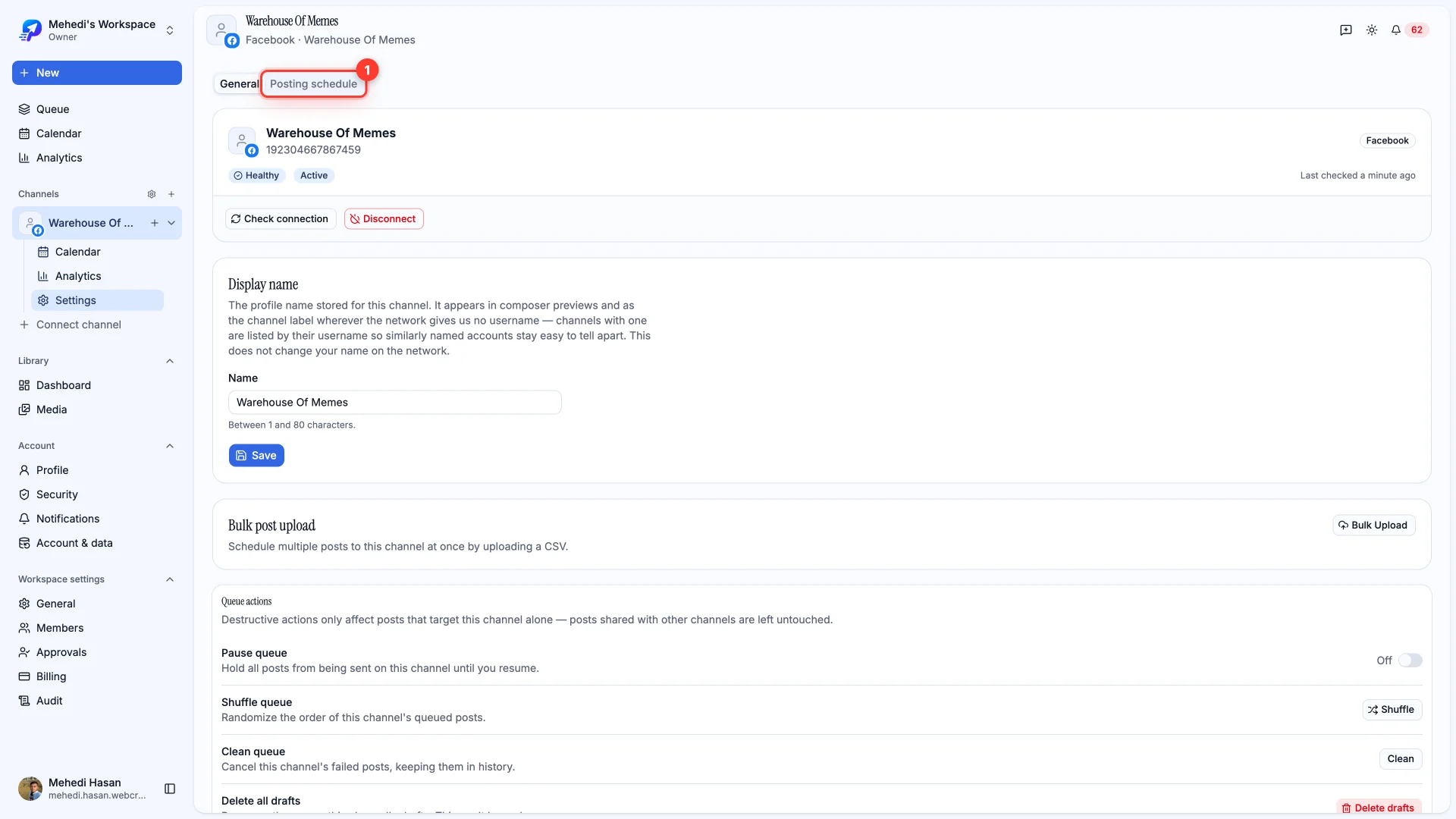The channel settings tabs with Posting schedule highlighted.