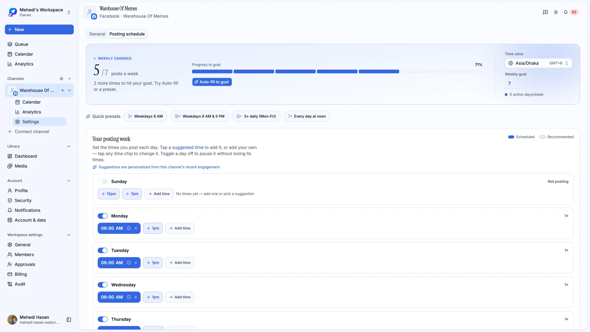 The posting schedule editor showing weekly cadence, quick presets and per-day time chips.