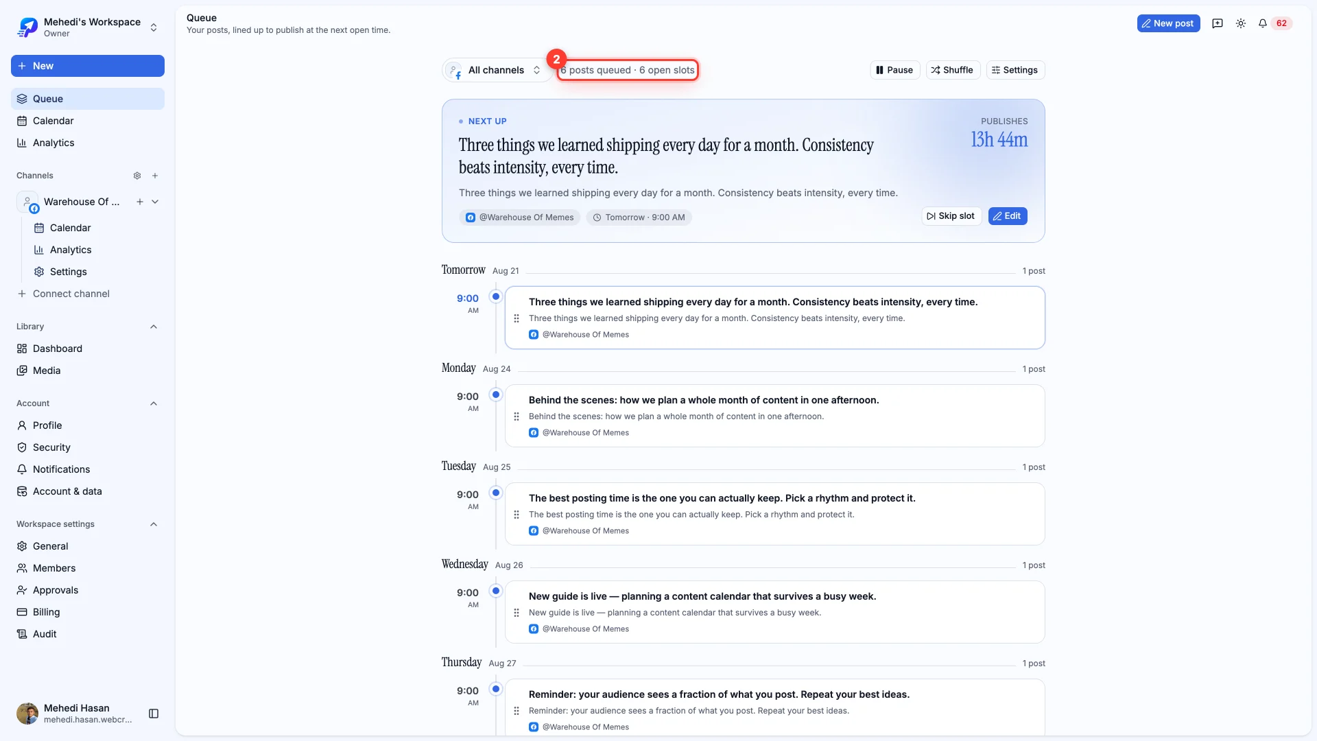The queue page showing scheduled posts and the number of posts queued.
