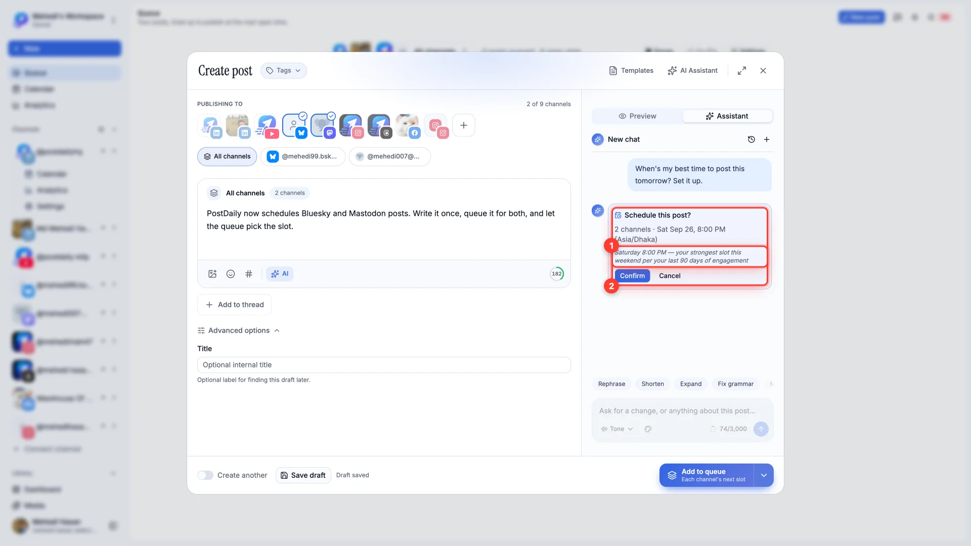 The Assistant's Schedule this post? card, with the channels, the time, the reason and Confirm and Cancel.