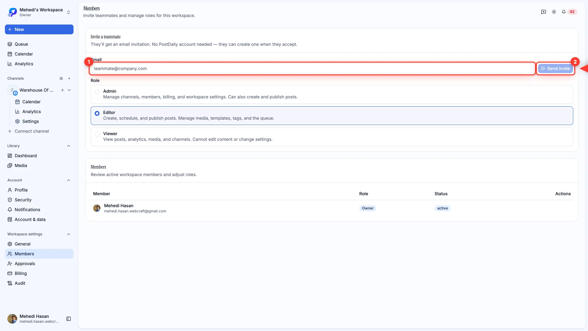 The Members settings page with the email field and Send invite button highlighted.
