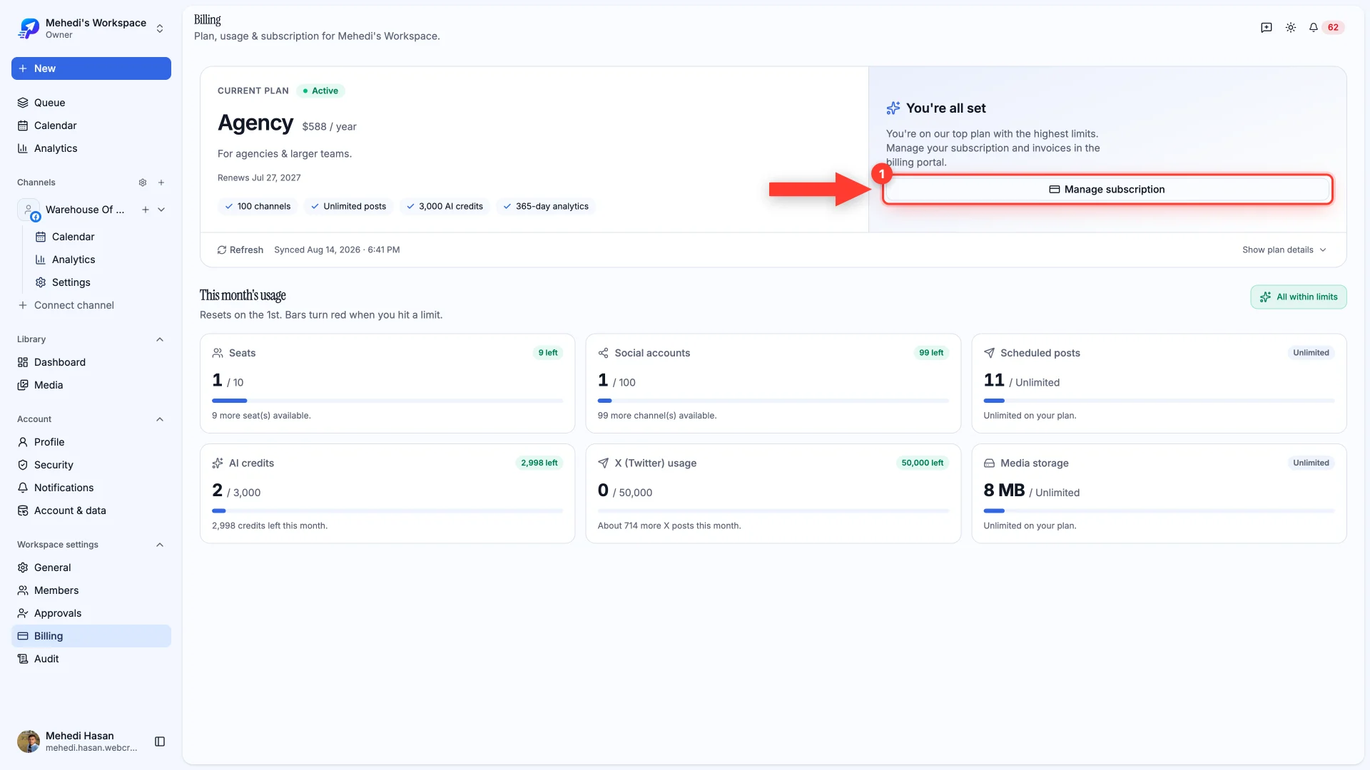 The billing page with the Manage subscription button highlighted.