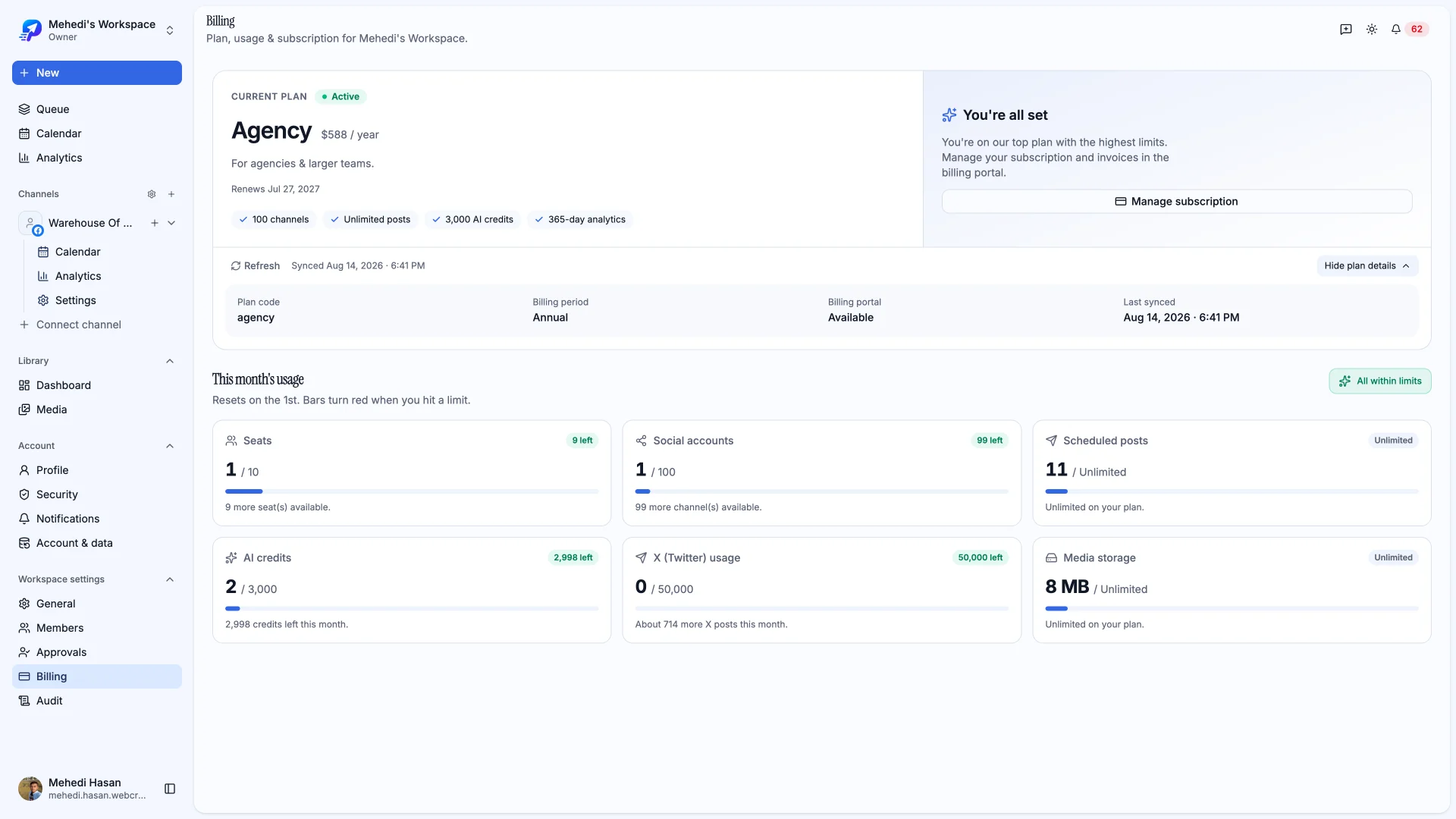 The billing page showing the expanded plan comparison table.