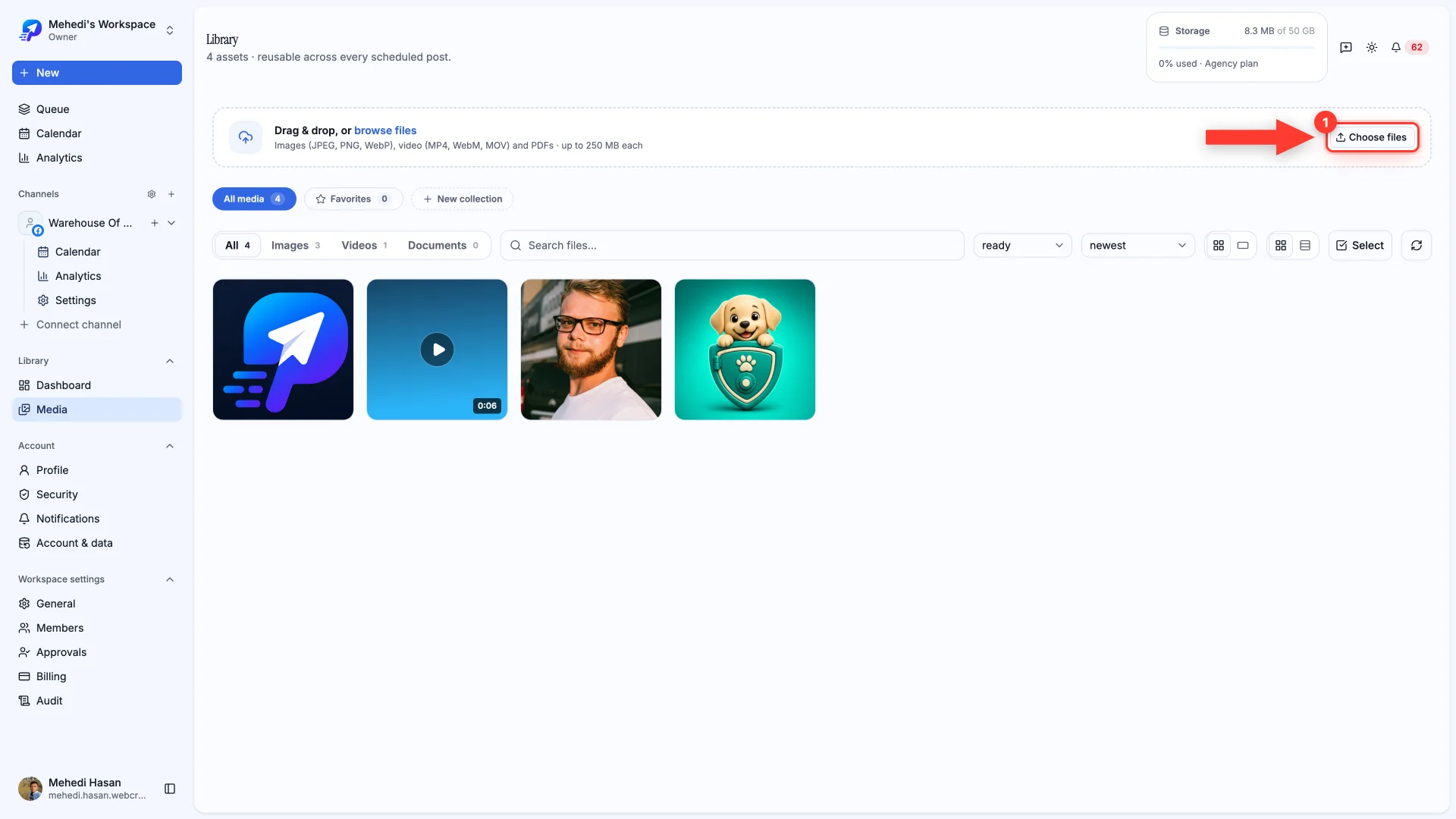The media library page with the Choose files button highlighted.