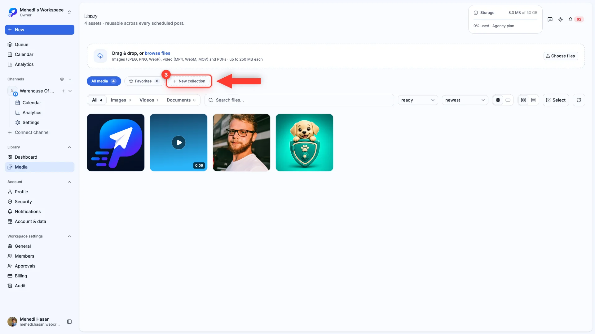 The media library sidebar with the New collection button highlighted.