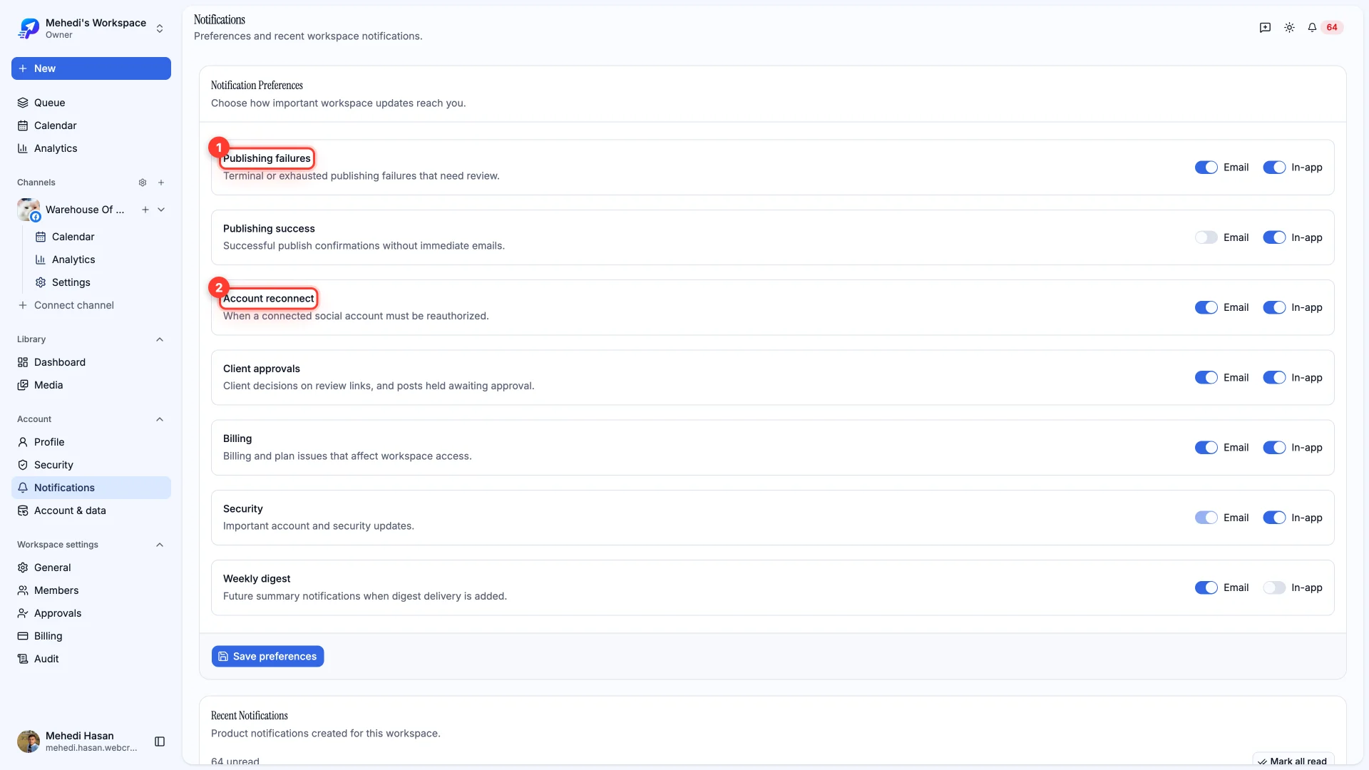 The notification preferences page with Publishing failures and Account reconnect highlighted.